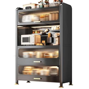 Imagem de Rack de armazenamento montado na parede, suporte de micro-ondas de metal de 5 camadas com armário de porta dobrável, rack de padeiro de cozinha e organizador de despensa, ideal para acessórios de casa