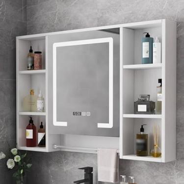 Imagem de Armário de medicamentos LED de madeira maciça com espelho antiembaçamento, armazenamento de banheiro montado na parede com luz, rack aberto e barra de toalha, organizador inteligente para exibição de