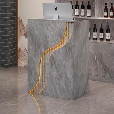 Imagem de Mesa de recepção, balcão frontal com gaveta com trava, mesa de caixa com luzes LED, balcão de varejo para caixa, saguão, salão de beleza, mesa de escritório em casa (cinza, 60 x 40 x 96 cm)