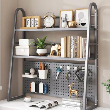 Imagem de Estante de mesa para mesa de computador, prateleira organizadora de mesa de metal retrátil com placa perfurada, suporte de exibição independente para escritório e dormitório