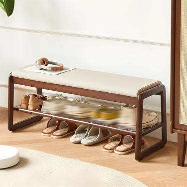 Imagem de Banco de armazenamento de sapatos de madeira maciça de 2 camadas com almofada, assento de entrada e sapateira para porta da frente, corredor e sala de estar - Organizador de sapatos elegante e