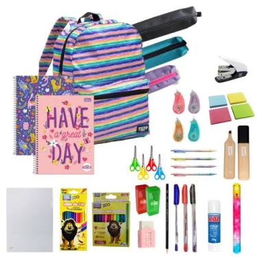 Imagem de Kit Material Escolar 54 Itens com Mochila Estojo Caderno Aula Colorido