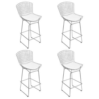 Imagem de Kit 4 Banquetas Alta Bistrô Bertoia Cromada D80 Com Assento Sintético Branco