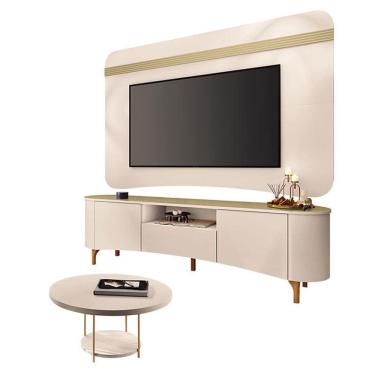 Imagem de Rack Bancada Elara e Painel Armony Off White Champanhe com Mesa de Centro Sky Off White - HB Móveis