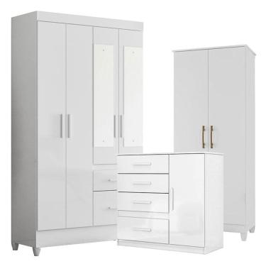 Imagem de Guarda Roupa com Espelho Infantil Sobral com Cômoda Vênus e Armário Multiuso Jade Branco Brilho – Moval