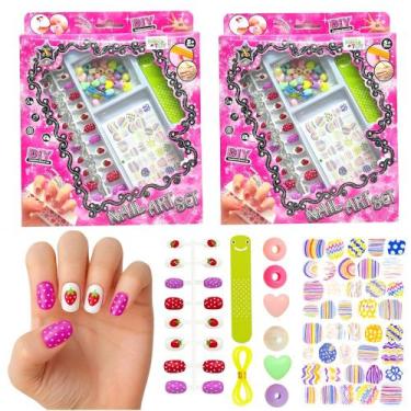 Imagem de 2 Conjuntos Nail Art Manicure Infantil Adesivos p/ Unhas e Miçangas na