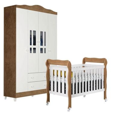Imagem de Berço Americano Lila e Guarda Roupa Infantil Ariel 4 Portas Branco Acetinado Amadeirado...