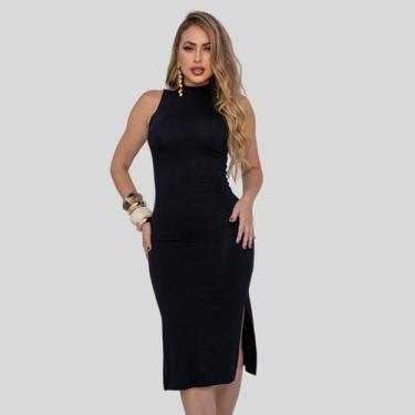 Imagem de Vestido Midi Acinturado Estilo Básico Com Fenda Lateral Regata Tubinho