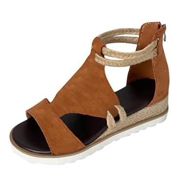 Imagem de Sandálias anabela para mulheres sandálias de salto anabela abertas para comércio exterior sapatos romanos estilo sandálias, Marrom, 9