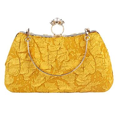 Imagem de Bolsa feminina com fivela de pérola PU feminina noite clutch corrente bolsa de ombro portátil, Amarelo, M