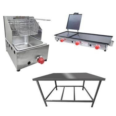 Imagem de Kit Lanchonete Mesa de Manipulação 100x55cm + Fritadeira a Gás 1 Cuba + Chapa a Gás 90cm Alcamar