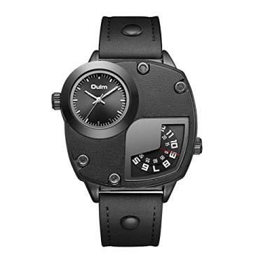 Imagem de Lancardo Relógio masculino irregular com dois mostradores de fuso horário, grande, pulseira de couro, relógio de pulso para negócios esportivos, Preto