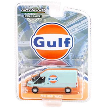 Imagem de 2019 Transit LWB High Roof Van Gulf Oil Light Blue and Orange Hobby Exclusive 1/64 Diecast Model Car by Greenlight 30260