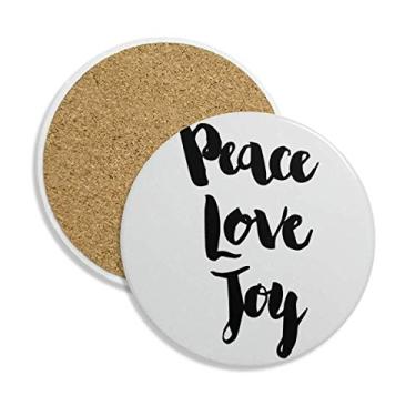 Imagem de Caneca de porta-copos com citação Peace Love Joy feita à mão, suporte redondo, pedra absorvente, 2 peças