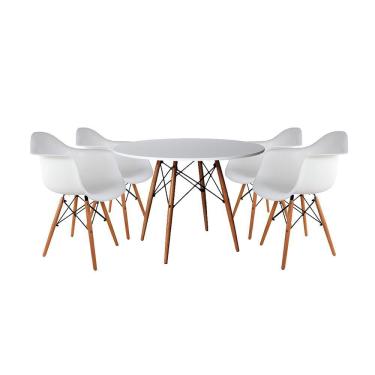 Imagem de Mesa de Jantar Redonda Eiffel Eames em Madeira 90cm Branca com 4 Poltronas Brancas