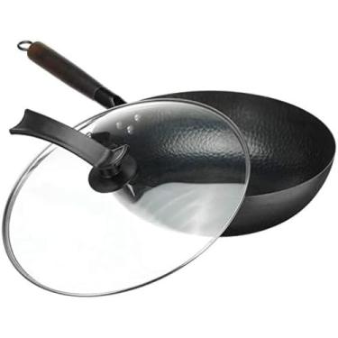 Imagem de Wok Pan 32cm Artesanal Chinês Ferro Frigideira Sem Revestimento Cozinha Wok Frigideira Antiaderente Panela De Vidro/tampa De Madeira Panelas Cozinha Cozinhar Ferramentas,Com Tampa De Vidro,Hilario