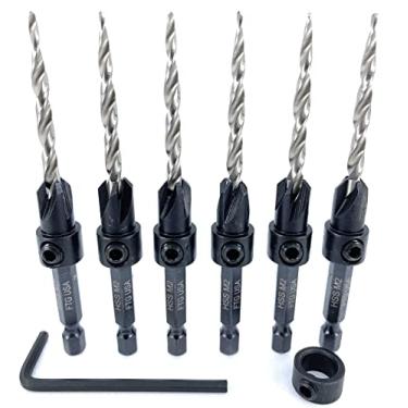 Imagem de FTG USA Conjunto de brocas escareadoras de 6 peças #8 (11/64") Conjunto de brocas escareadoras de madeira Pro Pack Conjunto de escareador, broca escareadora cônica, 1 colar de parada, chave sextavada,