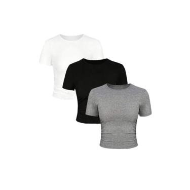 Imagem de Floerns 3 camisetas femininas de manga curta com gola redonda e malha canelada, Preto, cinza, branco, P