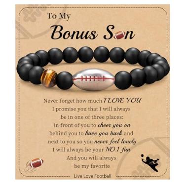 Imagem de Futebol Beisebol Basquete Presentes de Futebol Masculino Pulseiras com Contas Natural Olho de Tigre Pulseira Masculina Aniversário Presentes de Formatura para Filho Neto Bônus Filho Namorado Irmão,