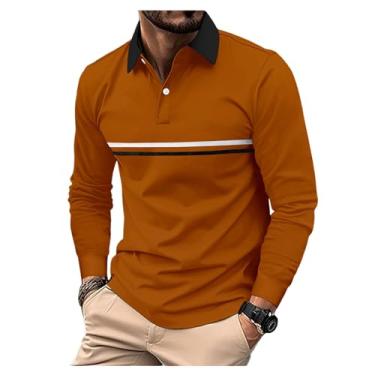 Imagem de Camisa polo masculina, estampa listrada, cor combinando com a cor da camisa de golf, meio zíper frontal, gola aberta pulôver, Marrom, XXG