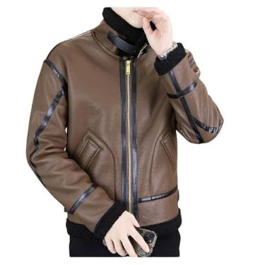 Imagem de Jaqueta masculina de lã, espessa, cor contrastante, jaqueta de couro com zíper e gola lapela casaco quente casual, Café, 3G