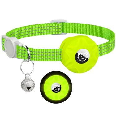 Imagem de Coleira para gatos AirTag, coleira reflexiva para gatos Apple Air Tag, coleira GPS para gatos com suporte de AirTag e sino, coleiras leves para gatos para meninas, meninos e gatos (amarelo luminoso)