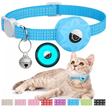 Imagem de Coleira para gatos AirTag, coleira reflexiva para gatos Apple Air Tag, coleira GPS para gatos com suporte de AirTag e sino, coleiras leves para gatos para meninas, meninos e gatos (azul claro)