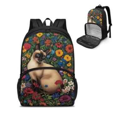 Imagem de Tomeusey Mochila térmica para almoço com compartimento para refeições, mochila casual de caminhada com bolsos laterais para garrafa, Flor de gato