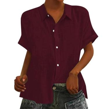 Imagem de Camiseta feminina de linho, gola lapela, botões, cor sólida, blusas de manga curta, caimento solto, camisa de verão, Vermelho, G