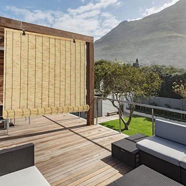 Imagem de Cortinas de rolo blackout para alpendre, persianas de junco natural de sombra respirável, cortinas de junco retrô de bambu com elevador, para persianas de bambu de privacidade interna na varanda do pá