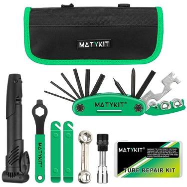 Imagem de MatyKit Kit de reparo de bicicleta com bolsa de ferramentas + bomba de bicicleta + multiferramenta de bicicleta + extrator e chave de manivela + chave óssea + alavanca de pneu + conjunto de adesivos