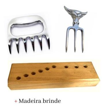 Imagem de Garfo Tridente + Garra De Urso Alumínio Churrasco + Madeira - Funditex