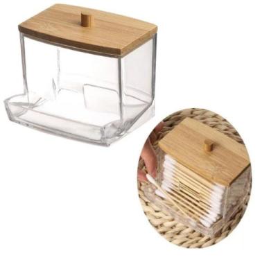 Imagem de Porta Cotonete Organizador Com Tampa de Bambu 7,5cm x 8,5cm - JW SHOP