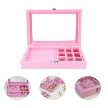 Imagem de Porta Jóias Aveludado Tampa de Vidro Vitrine Biju Anel Colar C/ Fechad