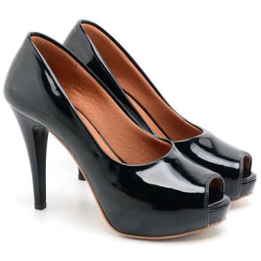 Imagem de Sandália Peep Toe Ella's Meia Pata Salto Alto Verniz Preto - ELLAS, 35