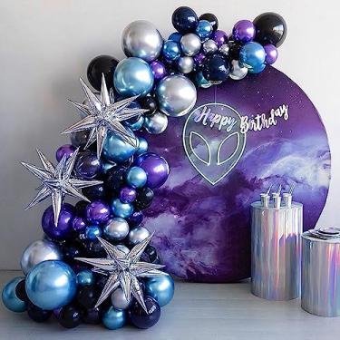 Imagem de Kit de guirlanda de balão metálico cromado azul roxo prata - 125 balões azuis roxos prateados para festa de aniversário espacial, chá de bebê, formatura