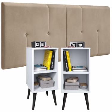 Imagem de Conjunto Cabeceira 1.40 Dubai + 2 Mesa Cabeceira com Nicho Suspensa Charme (Bege/Branco)