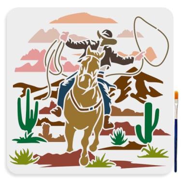 Imagem de MAYJOYDIY Estêncil de caubói do pôr do sol 11,8 × 11,20 cm grande estêncil de caubói ocidental com pincel de tinta, reutilizável, modelo de cacto do deserto para móveis, janelas, azulejo de parede de