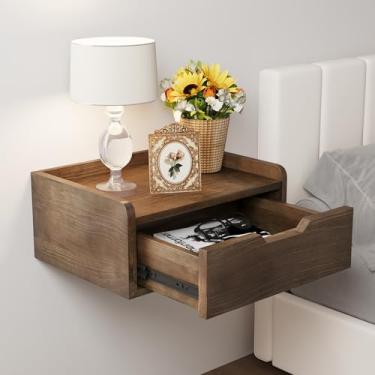 Imagem de Mesa de cabeceira flutuante, prateleira de cabeceira montada na parede, pequena prateleira flutuante moderna com gaveta, prateleira de parede flutuante para quarto, sala de estar, banheiro (madeira de