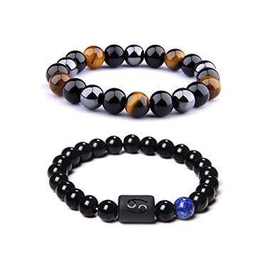 Imagem de CSIYANJRY99 Pulseiras para casais do zodíaco para homens e mulheres, 8 mm, pedra ônix preta natural hematita obsidiana tigre conjunto de pulseiras com 12 estrelas de signo constelação horóscopo yoga pulseira
