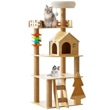 Imagem de Elegaif Árvore para gatos, torre de madeira para gatos internos, torre moderna para gatos de 154 cm com postes de arranhar cobertos de sisal e poleiro, condomínio para gatos com cúpula de acrílico