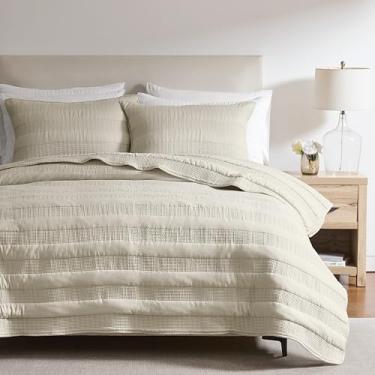 Imagem de Conjunto de colcha King listrada bege – Colcha leve de ponto palheta com 2 fronhas, edredom fino de cambraia de cambraia de cambraia macio para todas as estações, conjunto de cama de 3 peças