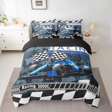 Imagem de Conjunto de edredom de carro de corrida esportivo, 7 peças, solteiro, bandeira de corrida azul, estampa de camuflagem retrô (edredom + lençol de cima + 2 fronhas + 2 fronhas de travesseiro)