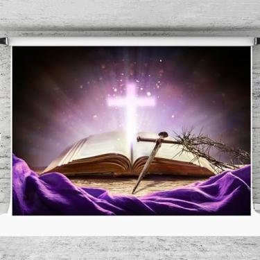 Imagem de 1,8 x 1,2 m Crucifixo da Bíblia Sagrada Fundo Fotográfico Cruz Cristã Fundo Igreja Coroa de Espinhos Roxo Luz Sagrada Bandeira Religiosa Igreja Evento Decoração de Festa Adereços de cabine de fotos