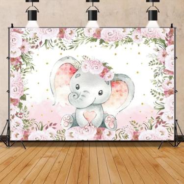 Imagem de Faixa de fundo de chá de bebê de 1,5 x 0,9 m com flores rosa, cinza, elefante de bebê, decoração de fundo para chá de bebê, decoração de festa de revelação de gênero, adereços de sessão de fotos