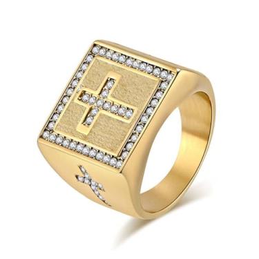 Imagem de CAVIEA Cruz cristã banhada a ouro zircônia cúbica brilhante anel quadrado sinete para homens, aço inoxidável, religiosa, polegar, anel mindinho, motoqueiro, moda Jesus, joia de oração católica, Metal,