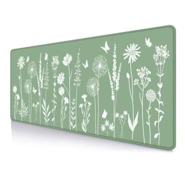 Imagem de IMAYONDIA Tapete de mesa verde sálvia fofo, tapete de mesa de anime floral de plantas, tapete de mesa estético, minimalista, folhas brancas menta, tapete de mouse grande para jogos, acessórios de