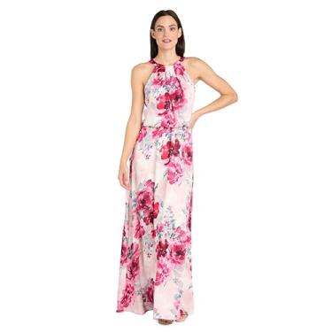 Imagem de Vestido longo de chiffon com decote alto floral elegante para o dia, Creme/rosa, 50