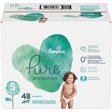 Imagem de Fraldas Tamanho 5, 48 Contagem - Pampers Pure Protection Fraldas de Bebê Descartáveis, Proteção Hipoalergênica e Sem Perfume, Super Pack (Embalagem e
