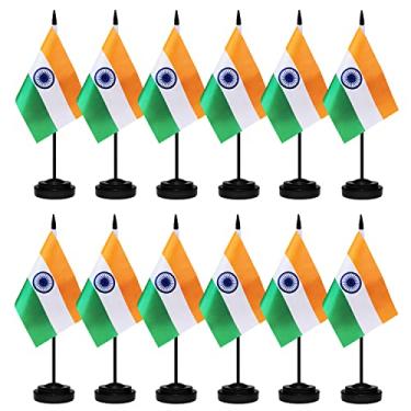 Imagem de Conjunto de 12 bandeiras de mesa da Índia, pequenas bandeiras indianas de escritório com poste preto sólido de 30,5 cm, 8,2 x 5,5 polegadas, decoração de casa e escritório, celebrações de festivais